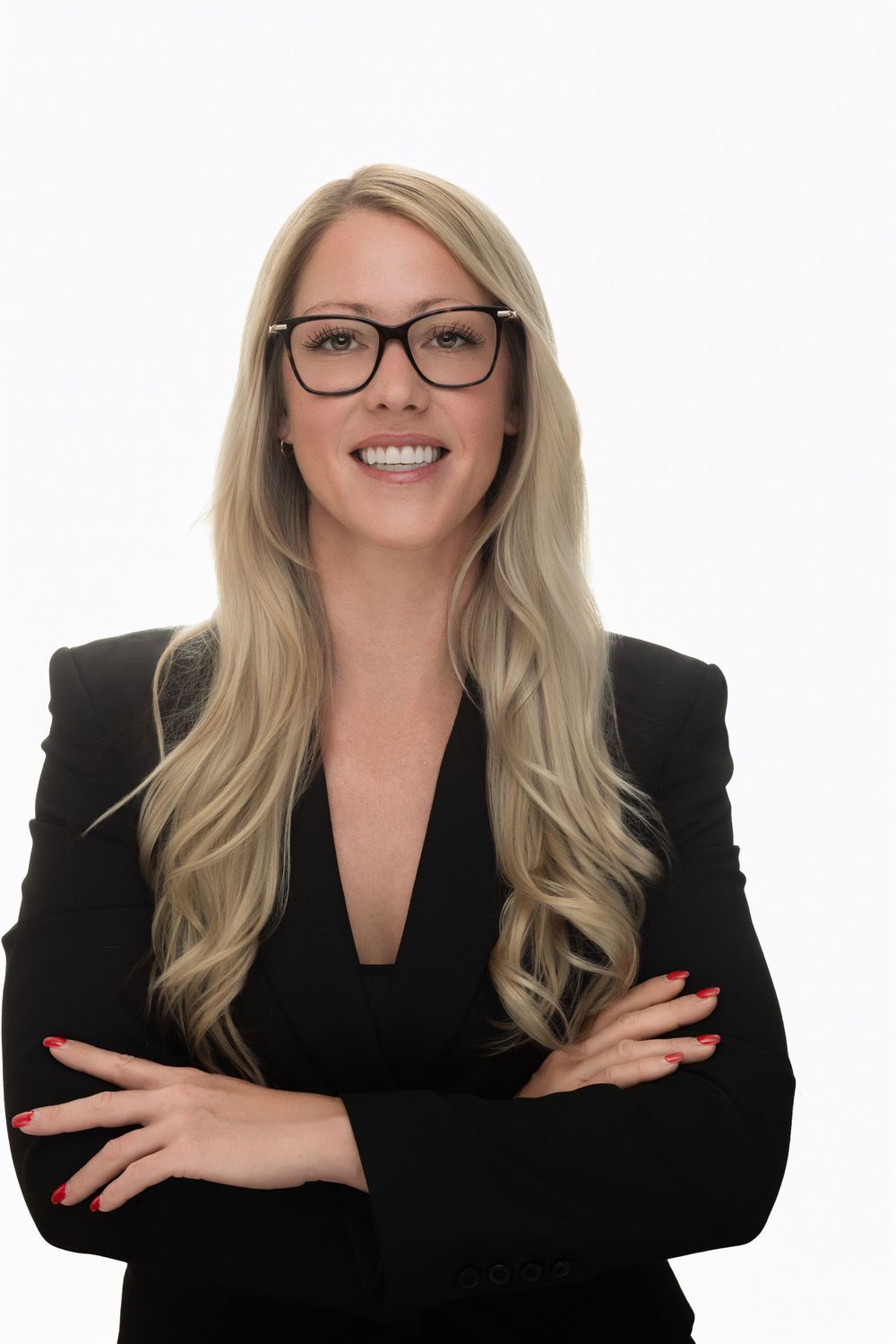 Professional headshots showing a person in a black blazer with blonde hair and glasses against a white background.