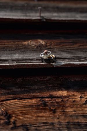 Wedding rings rest on rustic wooden planks in dramatic lighting creating an intimate detail shot.