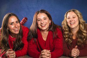 A collage of candid photos showing people in red sweaters laughing and smiling together.