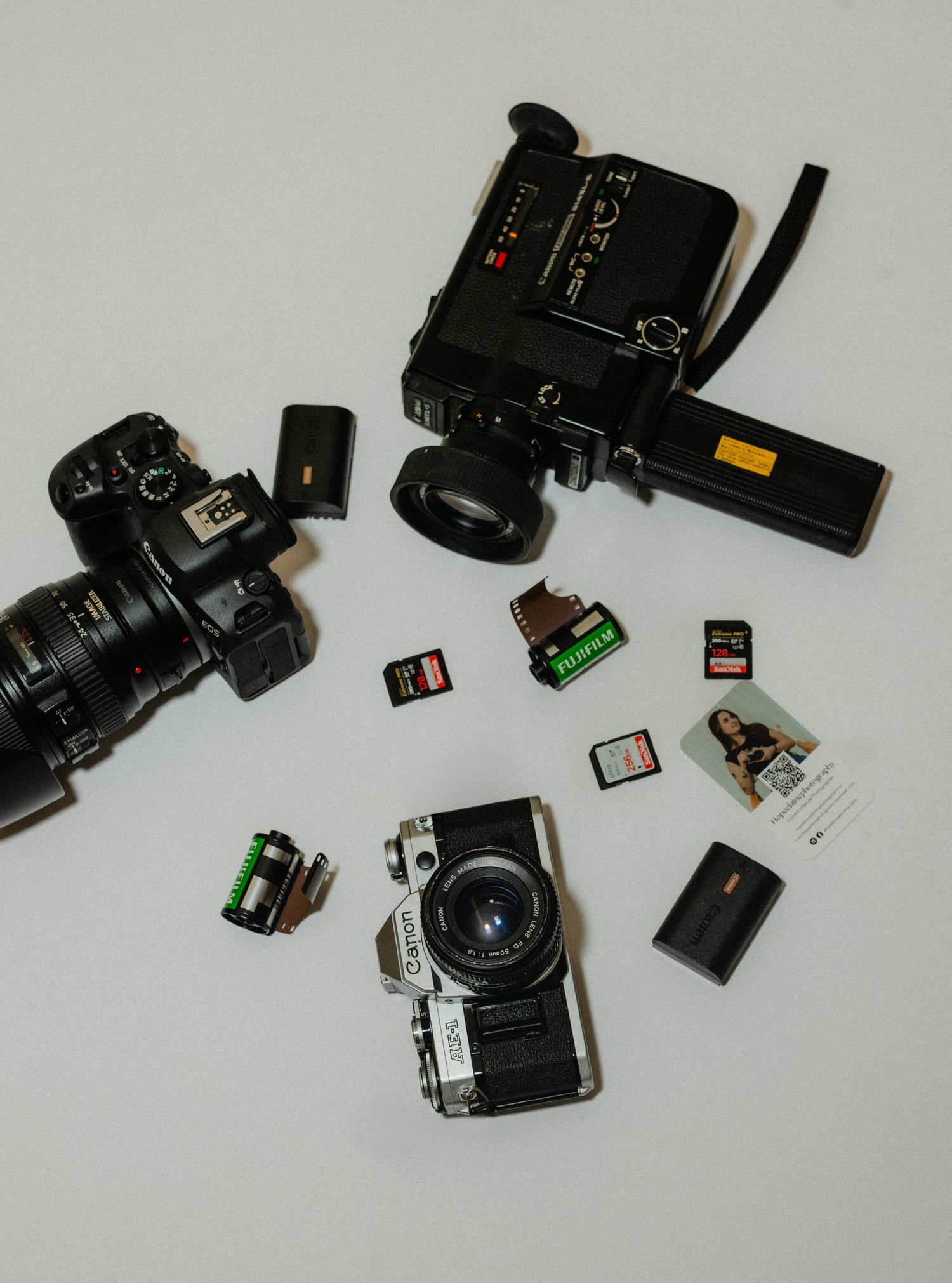 Vintage cameras nestled among purple flowers and green foliage in a natural outdoor setting.
