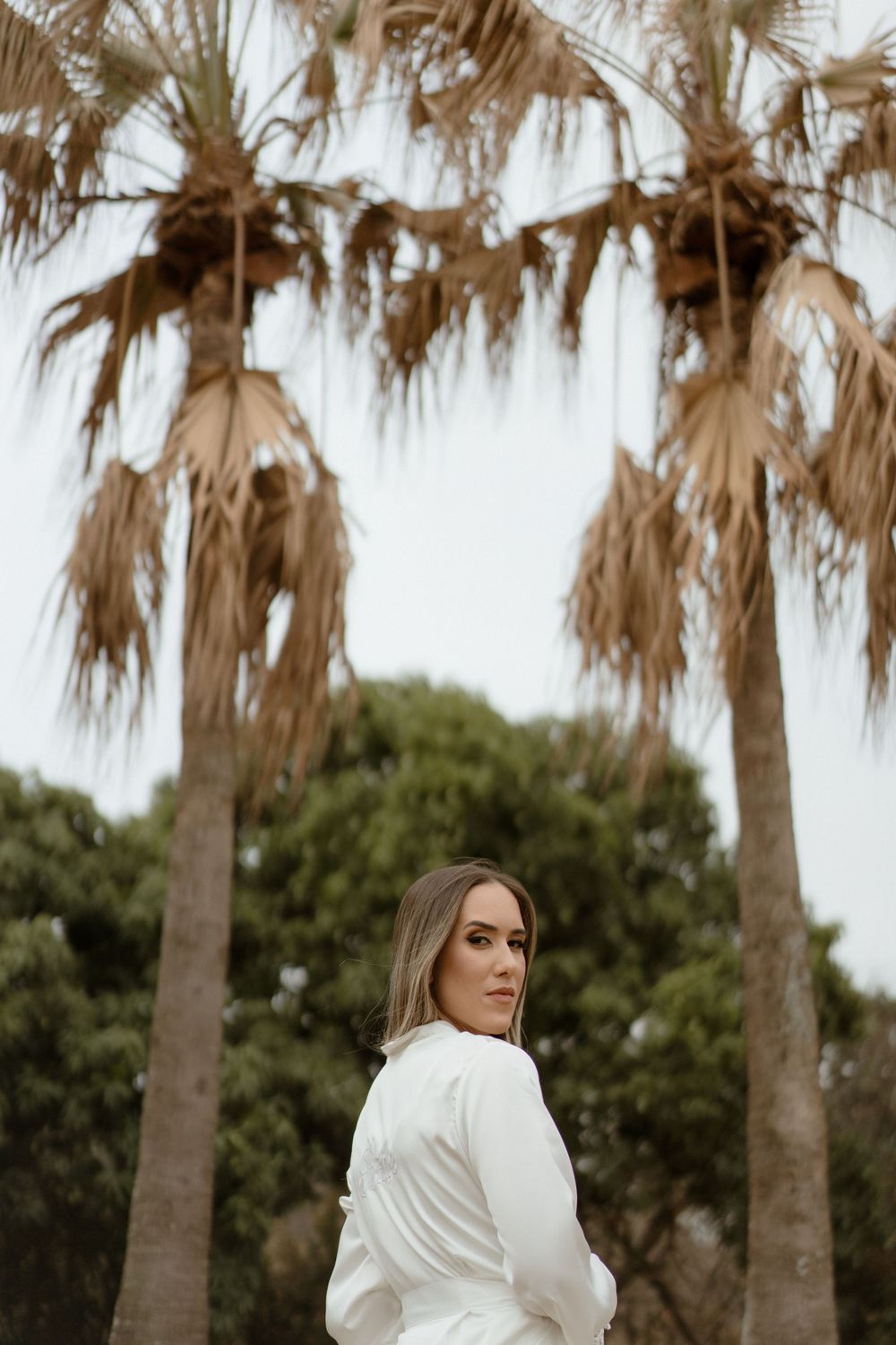 Palm trees frame a scenic portrait beneath a cloudy sky.