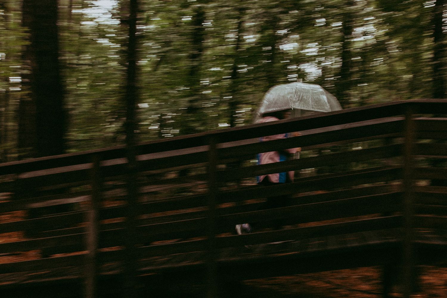 A child running on a bridge in a rainy forest with an umbrella.