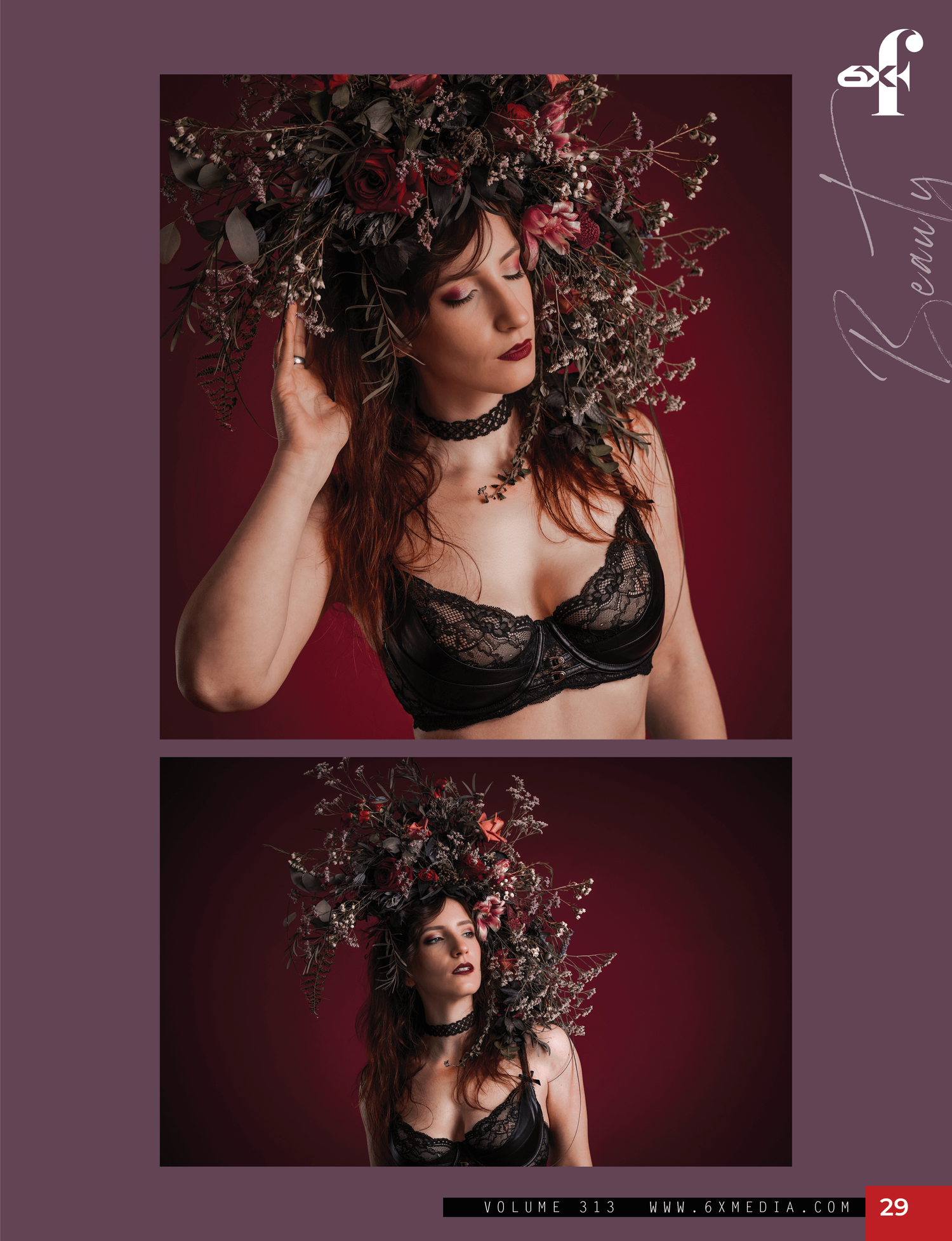 Sara in two images from a magazine called 6XF wearing florals on a dark burned background