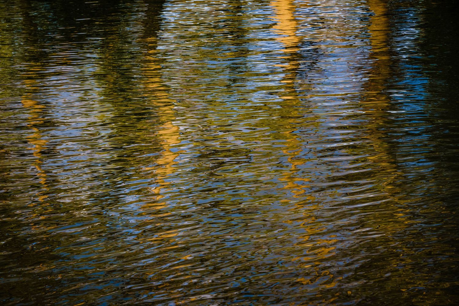 Abstract reflections of golden and blue colors rippling on dark water surface creating a mesmerizing pattern.