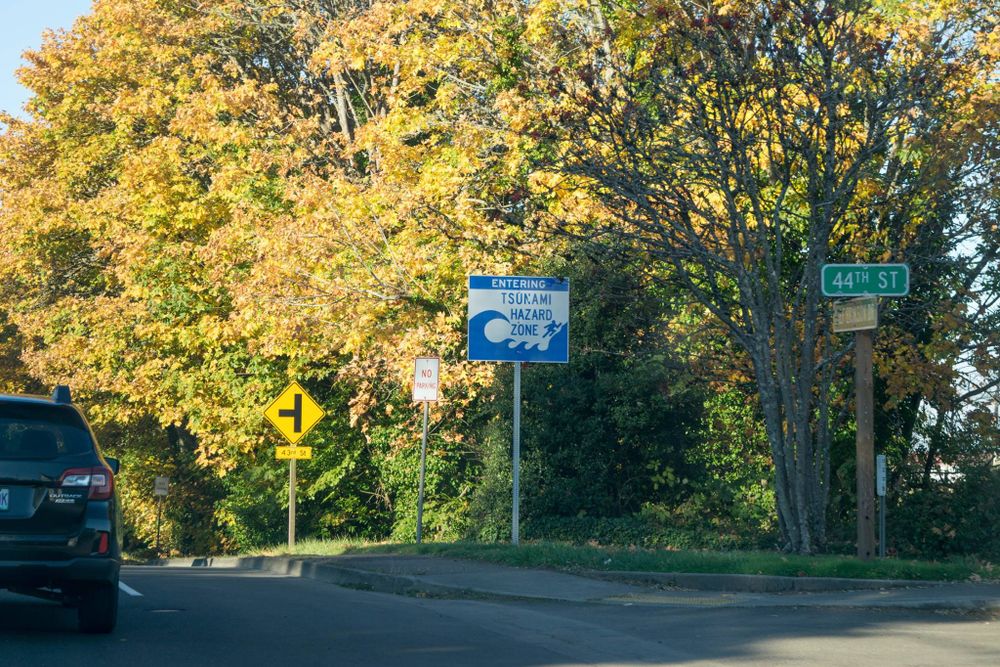 Street intersection with yellow autumn trees and traffic signs.