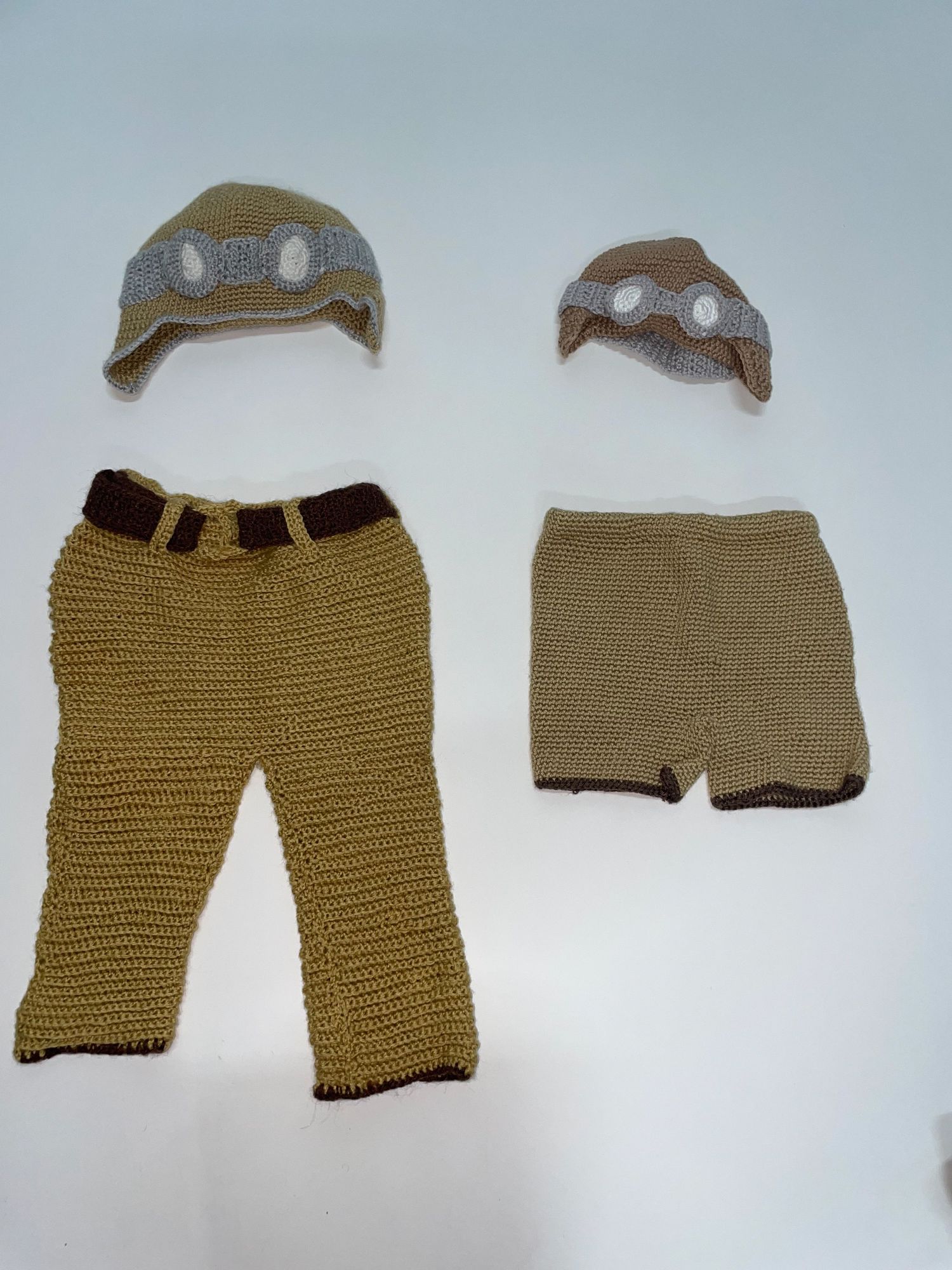 Tan colored knitted baby pants or leggings displayed in various angles.