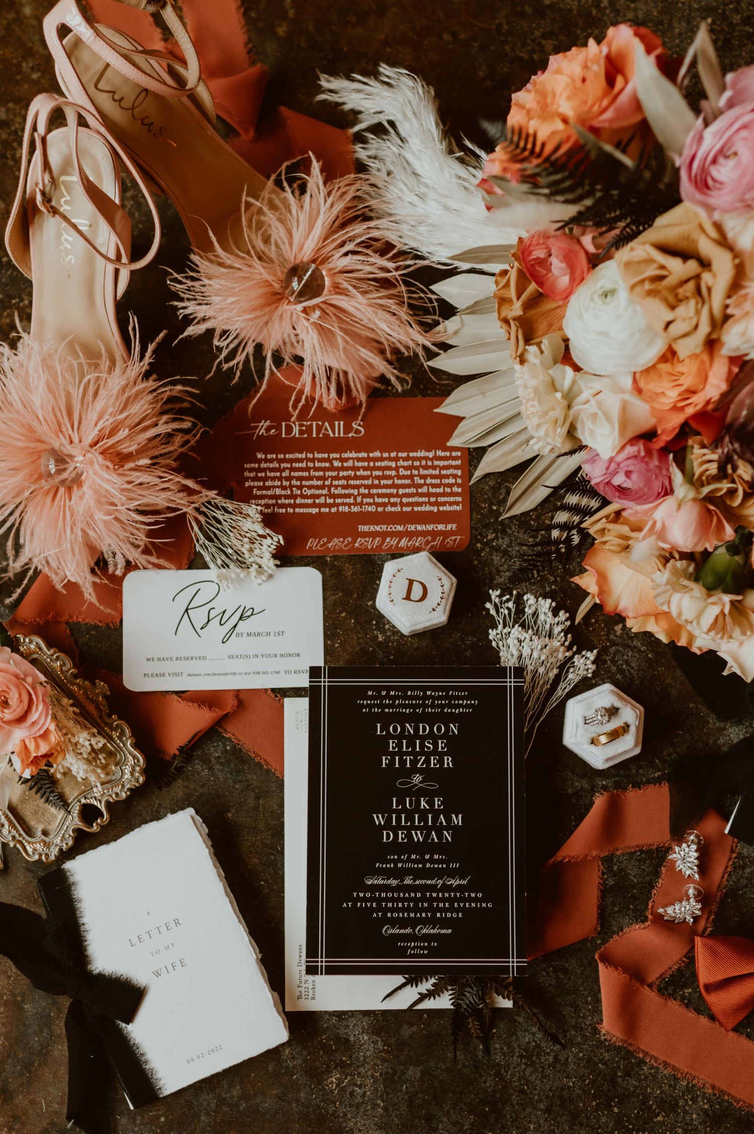 Modern wedding stationery suite with black cards and coral floral accents. Oklahoma Wedding Photographer