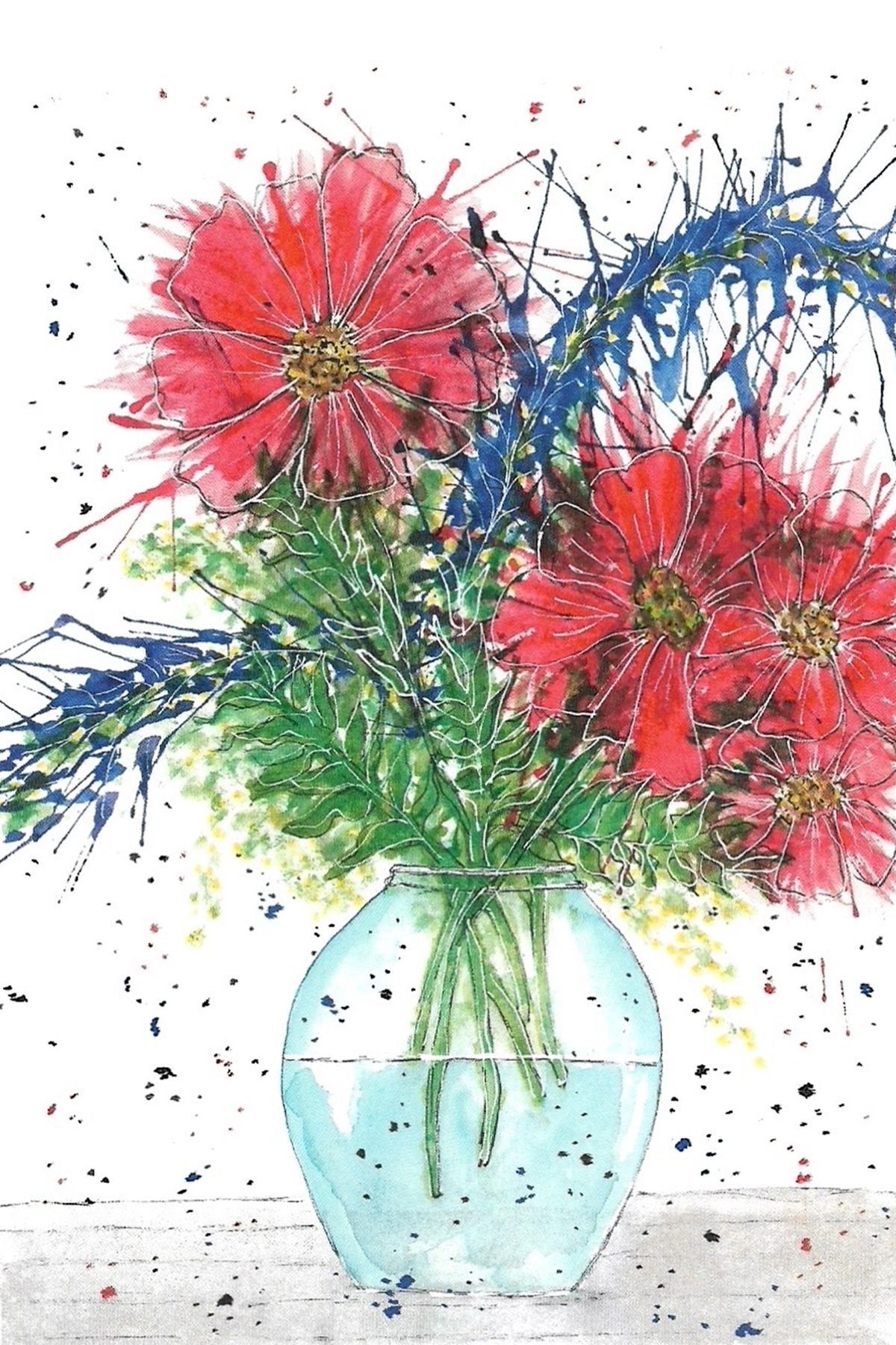 Vibrant watercolor of red flowers and blue stems in a glass vase with splatter effect.