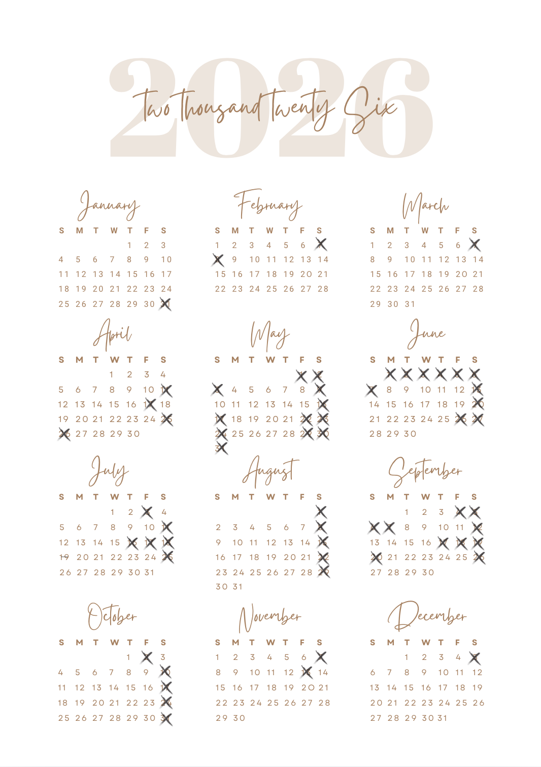 Minimalist 2025 calendar design in beige tones with elegant script text and marked dates.