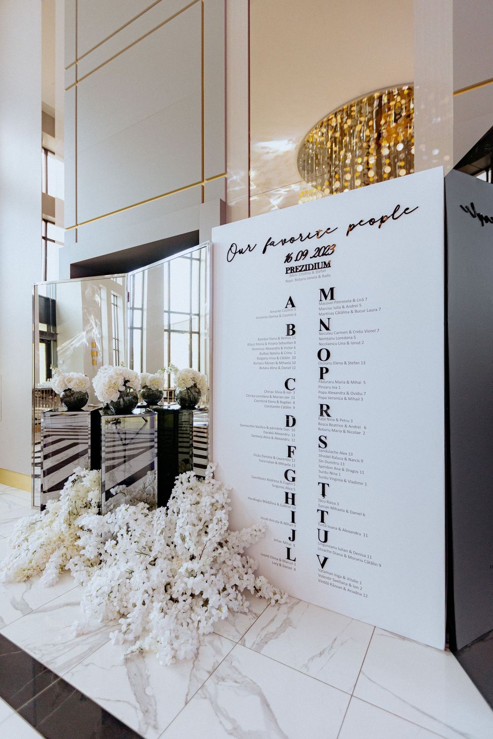 Elegant wedding seating chart display with white floral decorations and a crystal chandelier in modern event space.