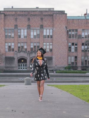 A sequence of shots capturing someone in casual attire walking and posing in front of a historic brick building.