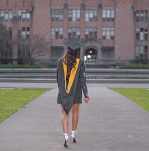 A series of graduation photos showing someone walking away on a campus pathway in academic regalia.