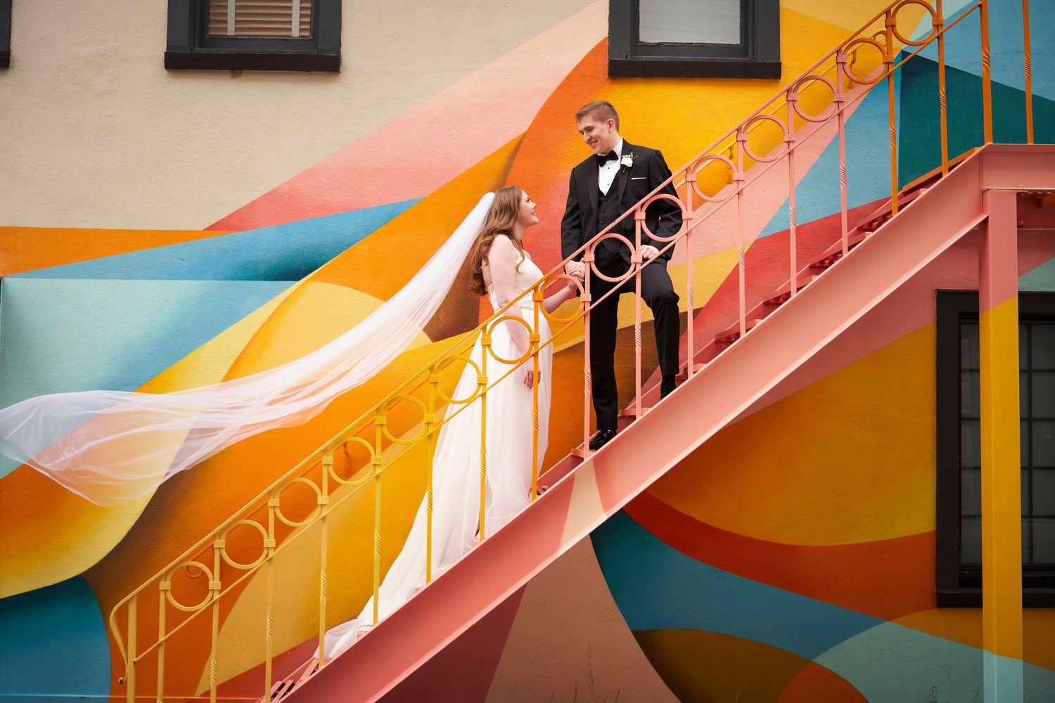 A romantic couple in wedding attire share intimate moments in a series of close-up photos.