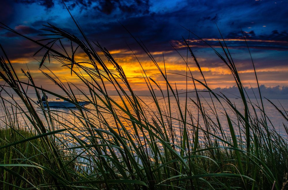 Sunset with boat and sea grass at the Pamlico Sound, Frisco, North Carolina.