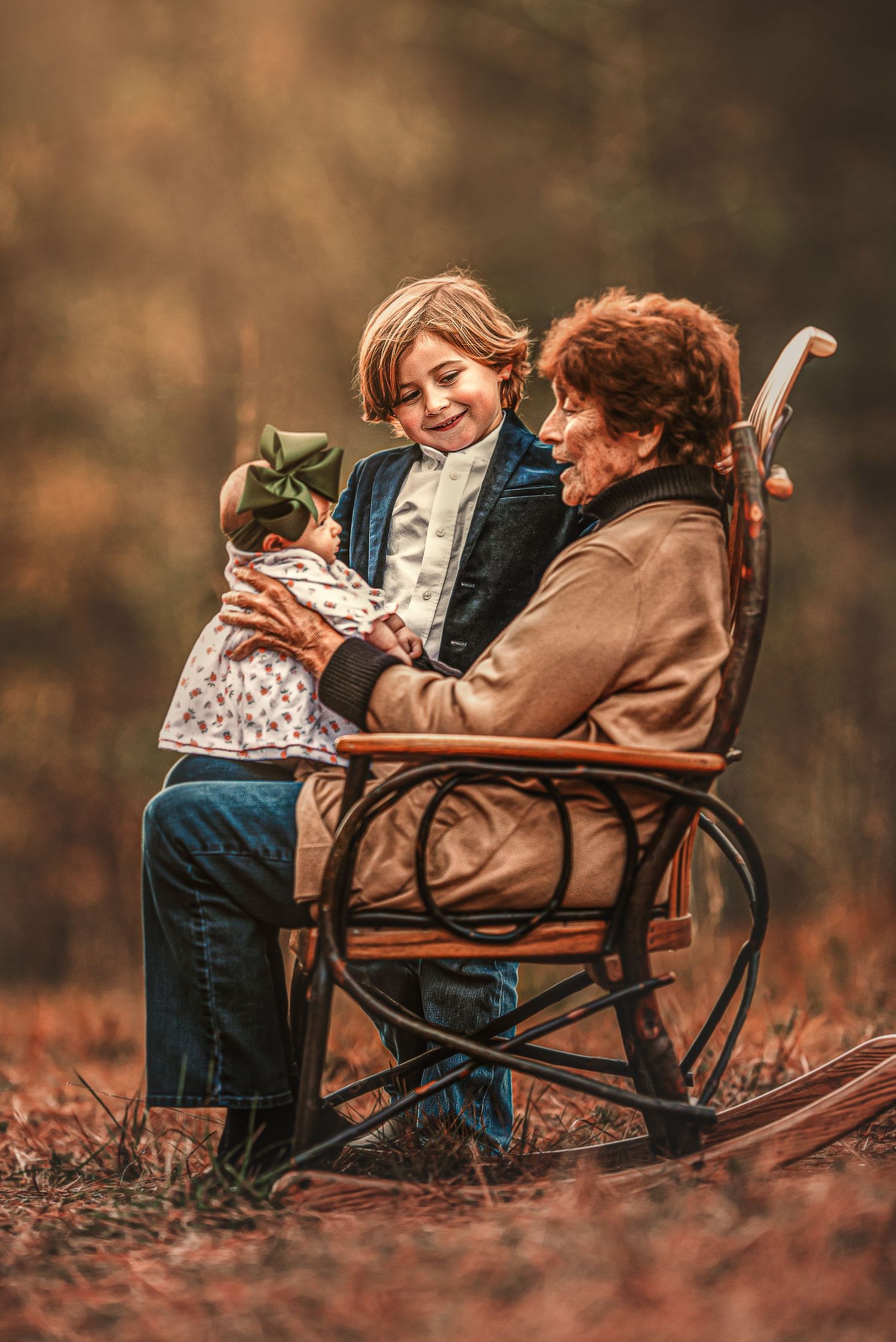 Two figures sit close together on a wooden bench sharing an intimate moment among autumn leaves in soft lighting.