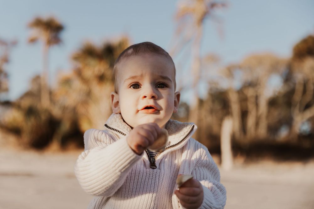 A young child in a cream sweater looks at the camera with palm trees in the background captured by Charleston photographer.