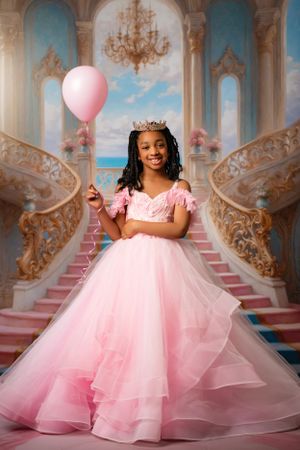 Ornate palace ballroom setting with pink tulle gown, tiara, and matching pink balloon against painted sky backdrop.