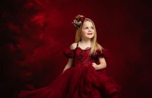 A young child in a red tulle dress poses against a dark dramatic background in a creative portrait session.