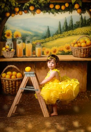 A photoshoot setup with a rustic wooden bench and yellow tulle dress against a painted backdrop of rolling hills and oranges.