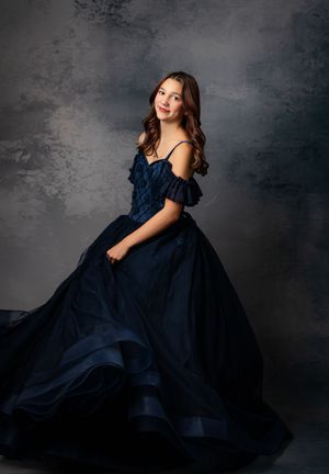 Elegant navy blue ball gown with off-shoulder ruffled sleeves photographed against a dramatic gray textured backdrop.