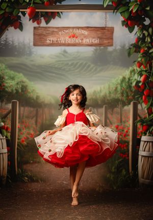 A child in a red and white dress twirls playfully under a rustic strawberry patch sign in a dreamy garden setting.