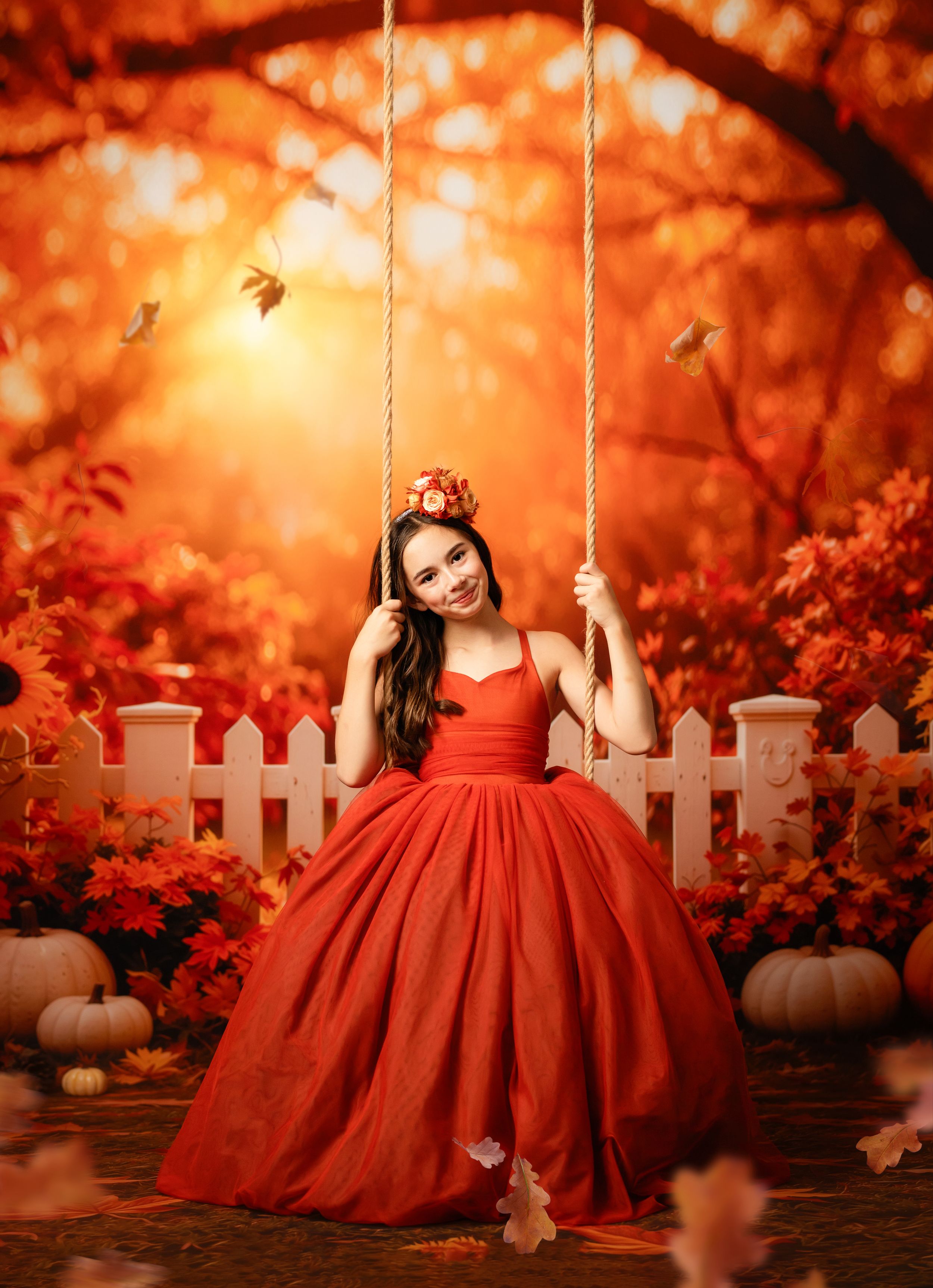 A young girl in a red ball gown sits on a rope swing surrounded by vibrant autumn foliage and pumpkins.