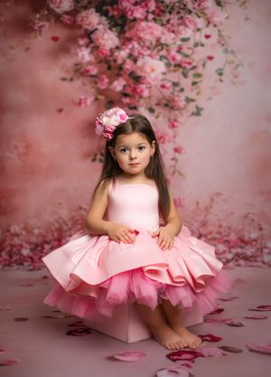 Romantic floral backdrop with pink roses and petals creating a whimsical setting.