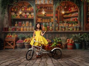 Vintage market scene with yellow dress and delivery bicycle among produce displays.