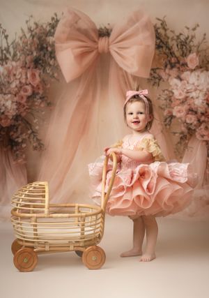 Vintage-inspired photo with pink tulle bow backdrop, wicker baby carriage, and small child in ruffled pink dress.