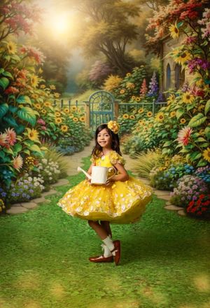 Whimsical garden scene with yellow dress against floral backdrop and iron gate.