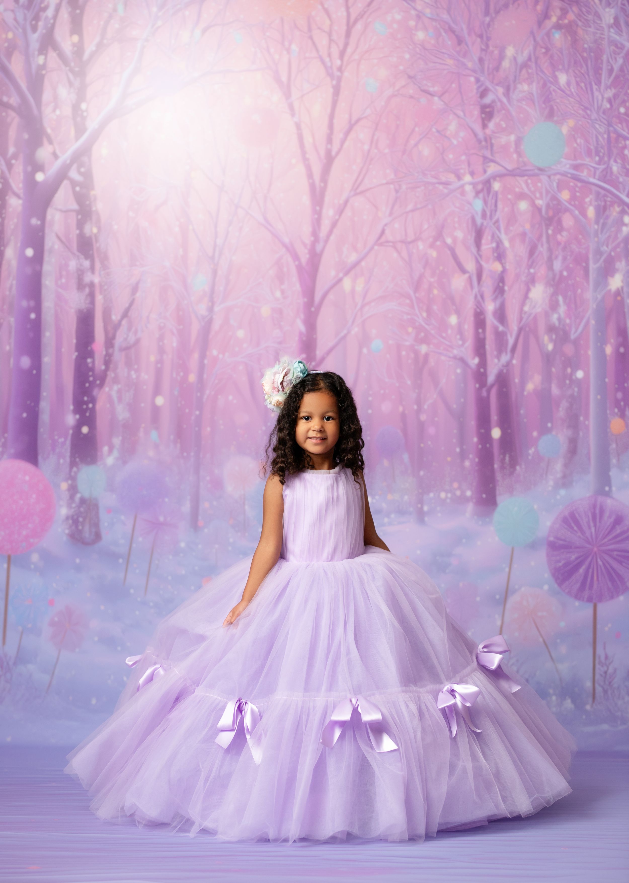 Young girl in lavender tulle gown with bows poses in magical winter forest with pink trees and snowflakes.