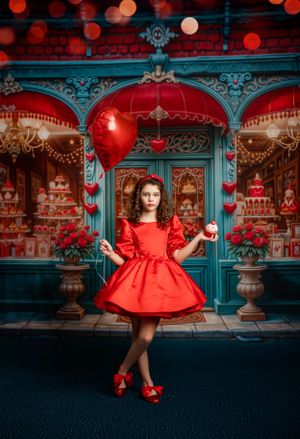 A romanticized storefront scene with ornate turquoise arches, cakes in windows, and red balloons against a dreamy red backdrop.  Fairfax VA