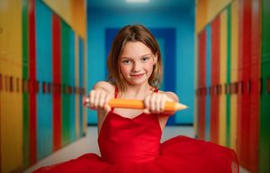 A series of four photos showing someone in a bright red dress posing against a colorful striped wall background.