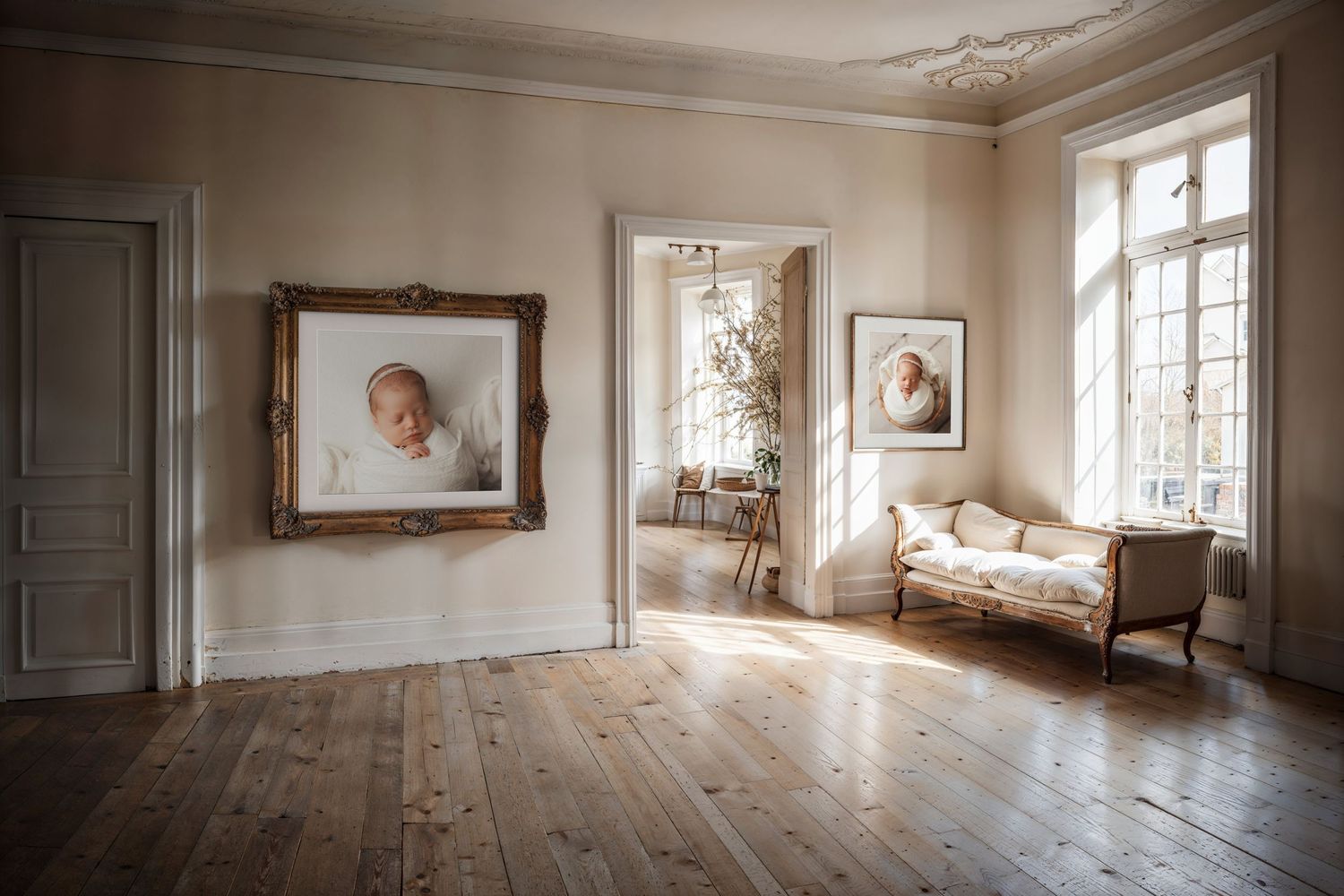 Empty vintage room interior with hardwood floors, ornate moldings, and natural light streaming through windows.
