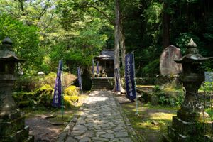 Stone path winding through a lush green Japanese forest with sunlight filtering through the trees.