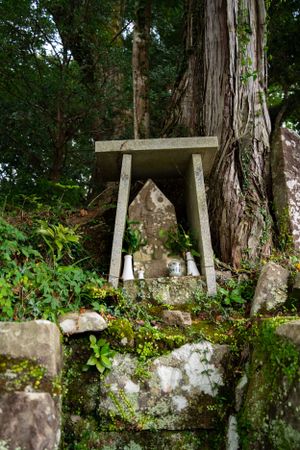 Traditional Japanese stone shrine markers nestled among trees and moss-covered rocks.