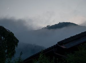 Misty mountain landscape with fog rolling over forested hills.
