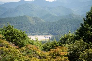 Mountain landscape with torii gate visible in the distance against forested hills in Japan.