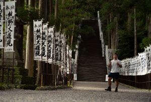 Stone steps leading through a traditional Japanese shrine path lined with lanterns and trees.