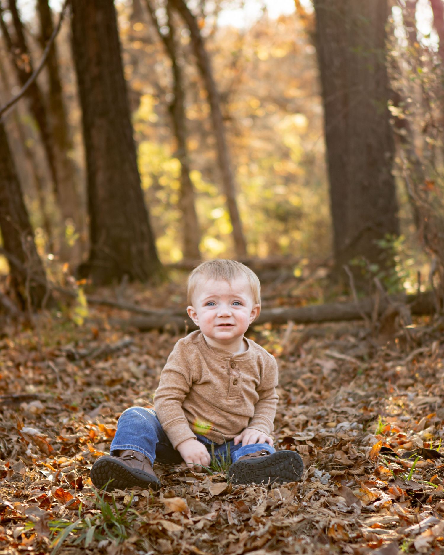 Young child in brown sweater sits on fallen autumn leaves in the woods.