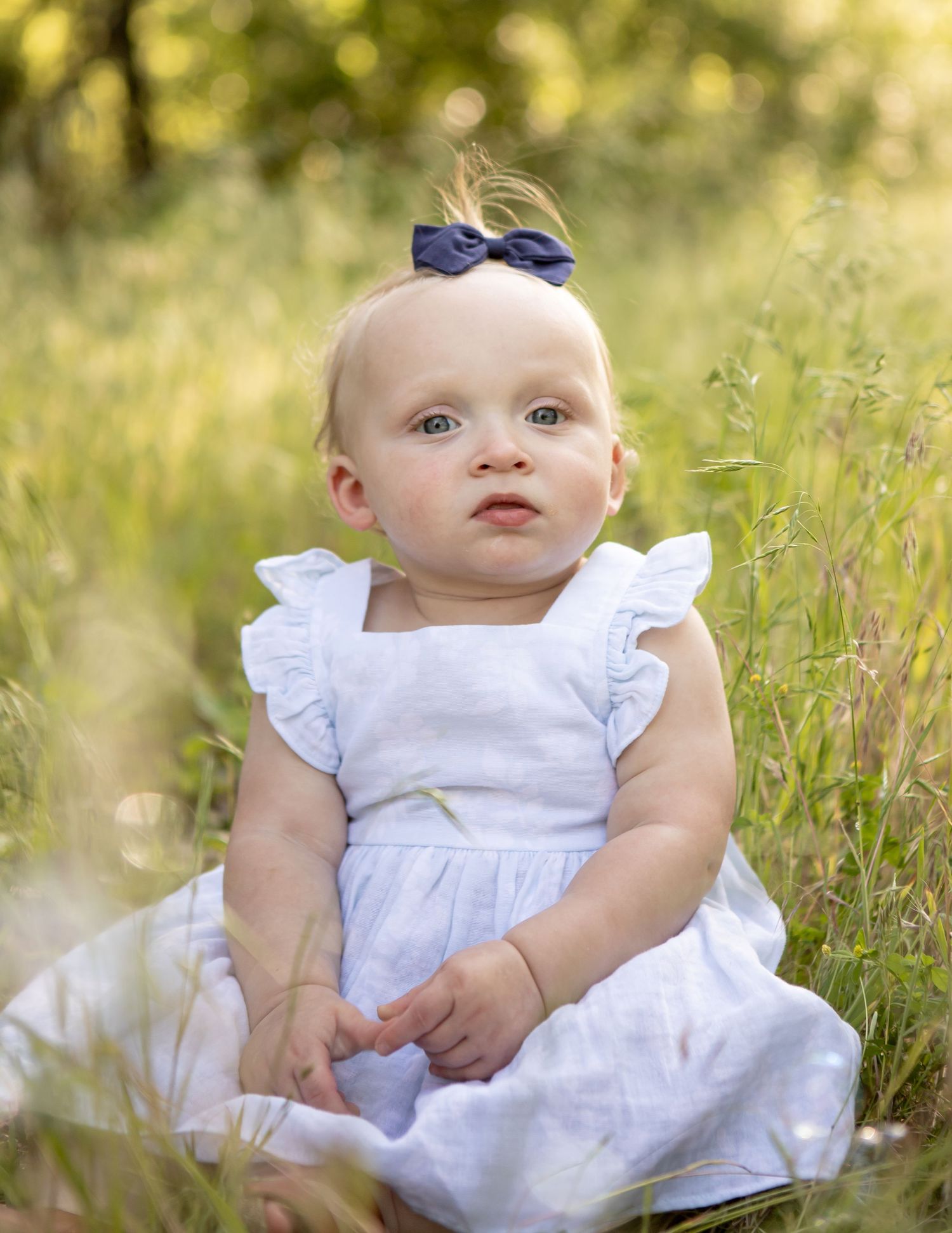 Baby in white dress with navy bow sits in sunlit meadow with golden bokeh background.