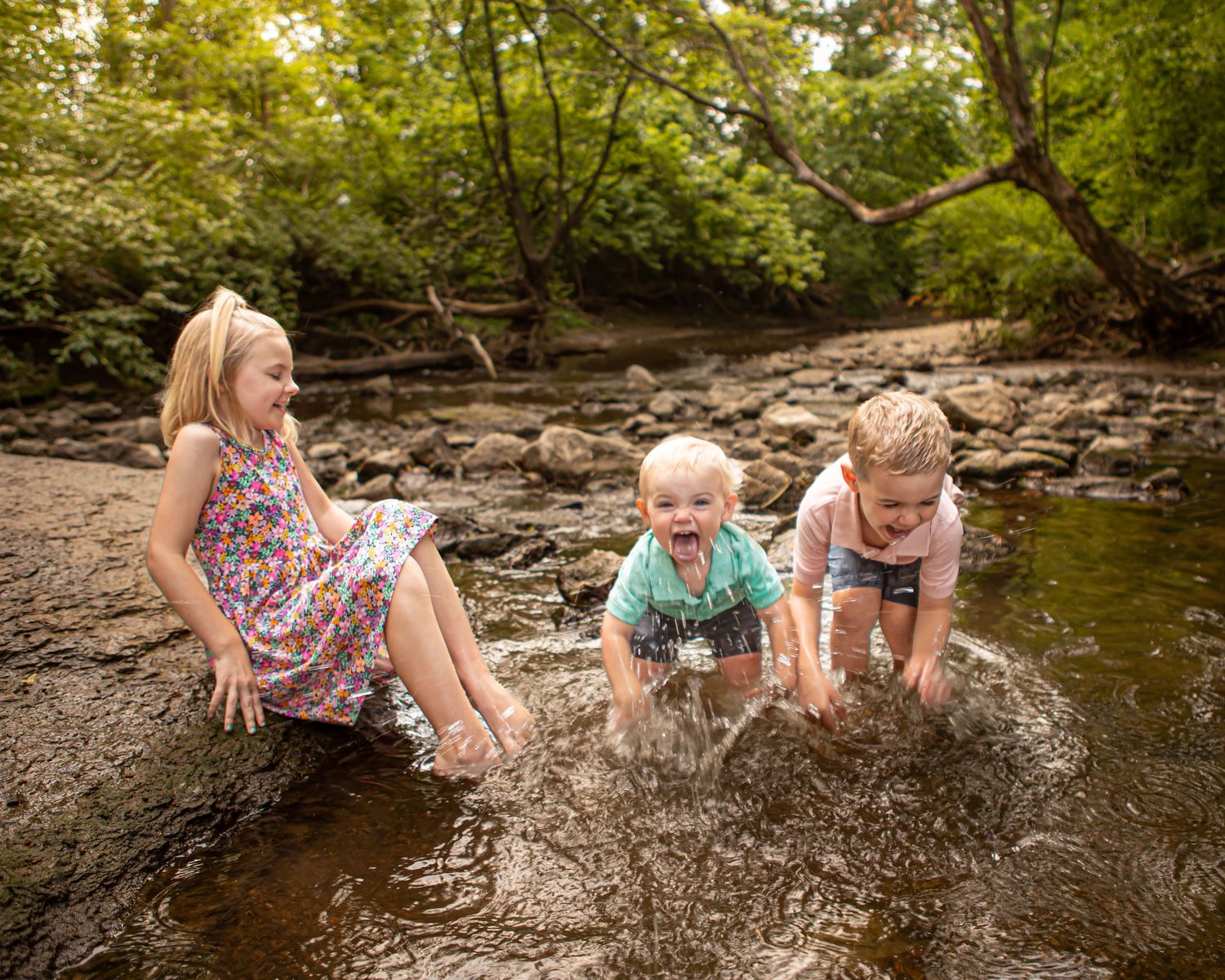 People sit together on rocks near a stream surrounded by trees and nature.