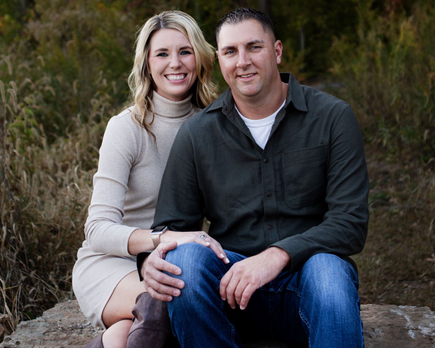 A series of outdoor portrait photographs showing a couple sitting together in a natural setting.