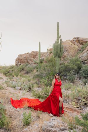 A red gown adds dramatic flair to a desert scene with saguaro cacti and rocky terrain.