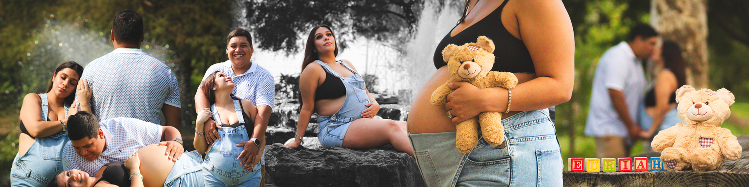 Family maternity photoshoot group sitting together outdoors on a sunny day.