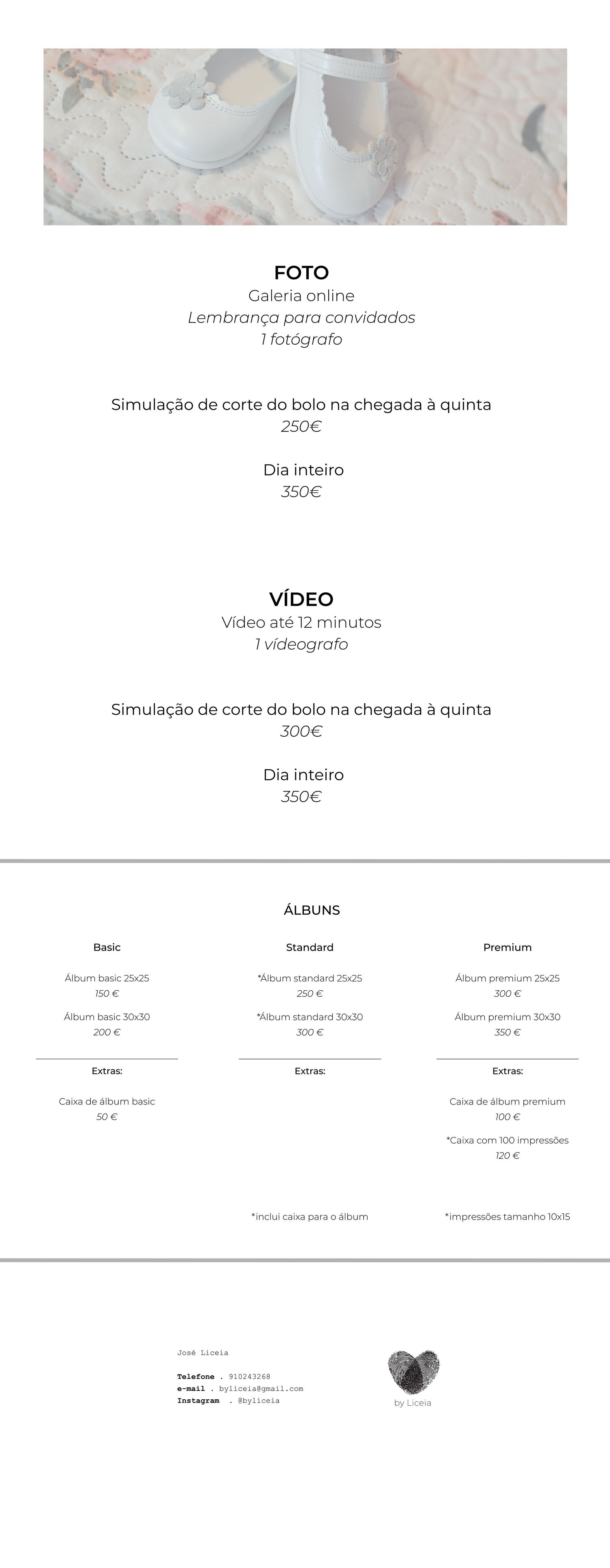 Wedding photography and video services price list with album options.