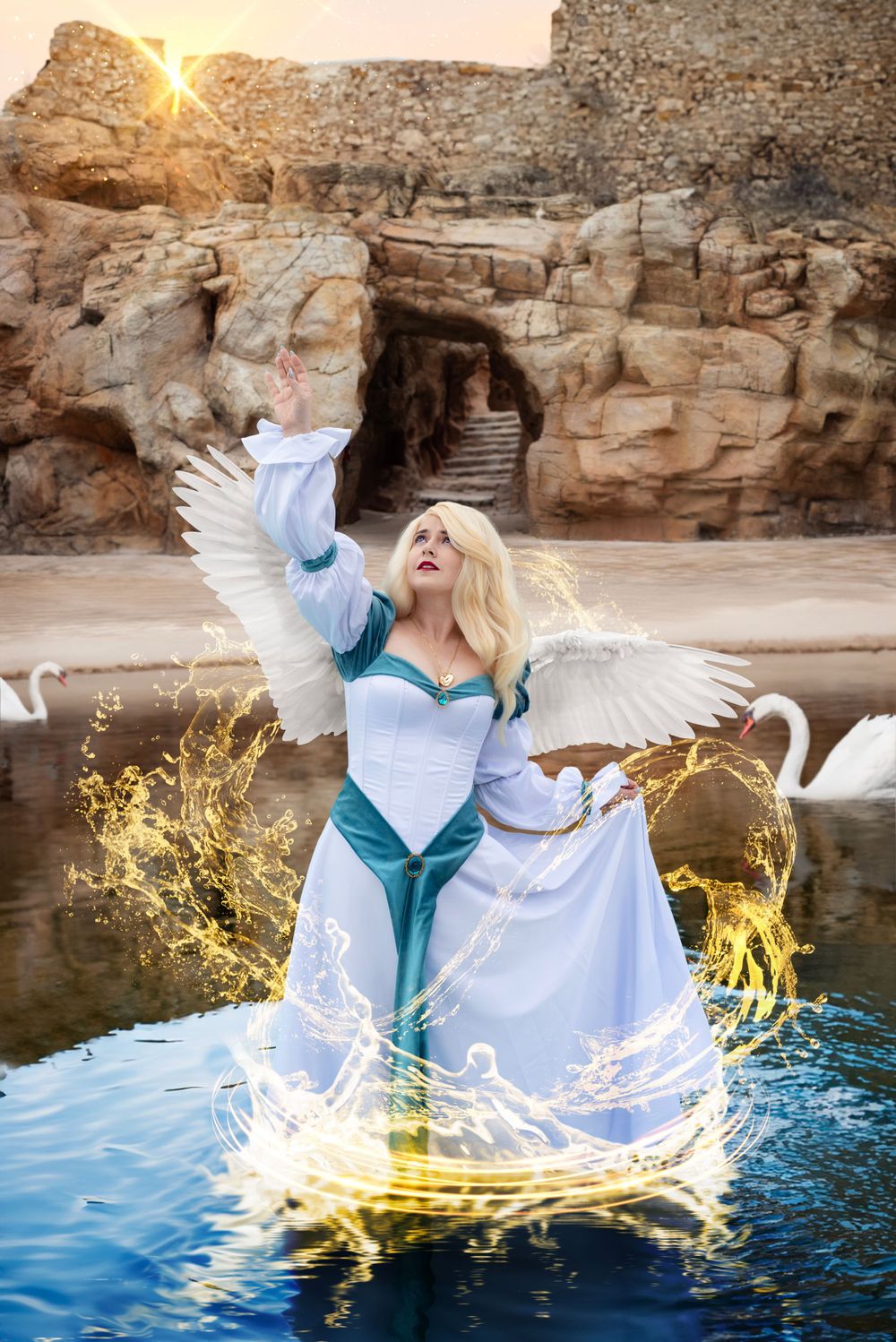 Outdoor cosplay photoshoot of Odette from Swan Princess as a composite edit