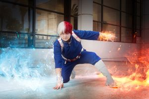 Outdoor natural light cosplay solo shoot of at Megacon Orlando in Florida vibrant color, cinematic and dramatic posing fire and ice powers