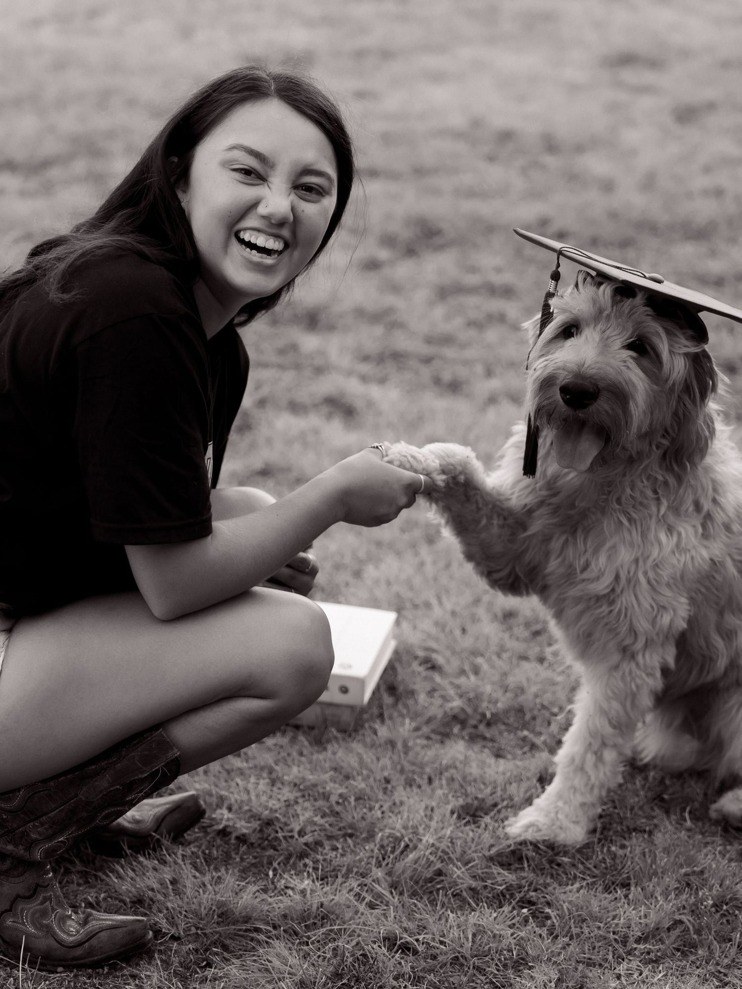 A joyful moment captured between a person and a scruffy dog wearing a graduation cap.
