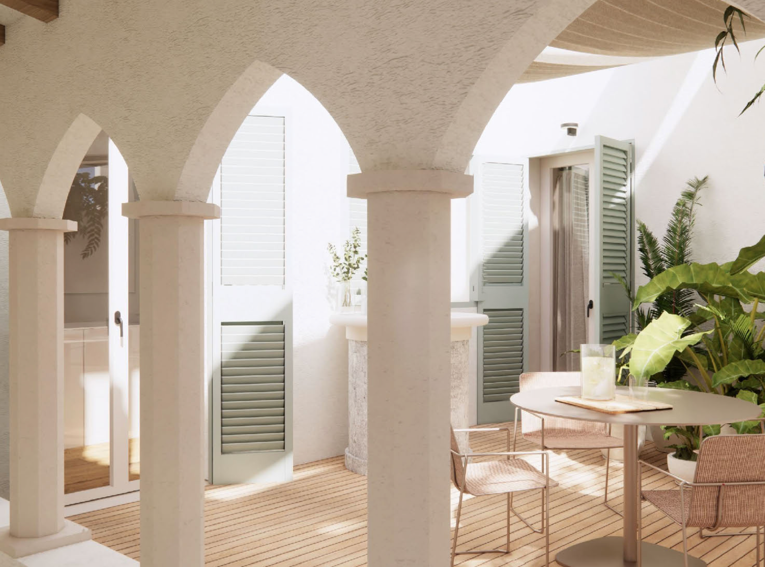 Stone patio with wooden benches and lush garden overlooking coastal landscape.